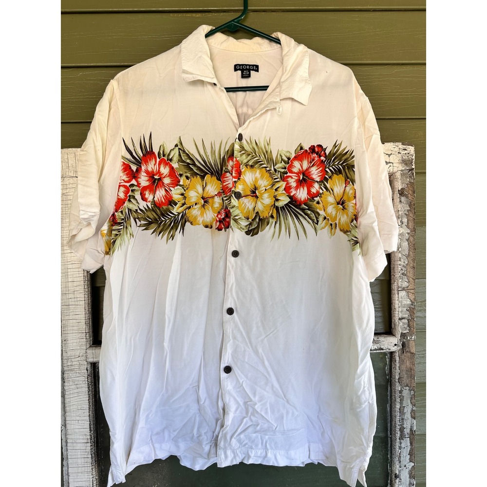 George Mens XL Tropical Floral Band Short Sleeve Button Down Shirt Cream